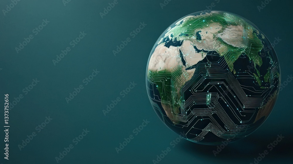 Poster electricity circuit sustainability concept. digital globe with circuit patterns and greenery on a da