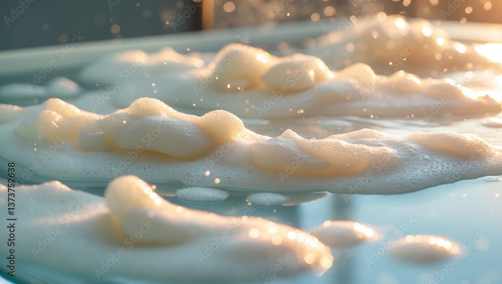 Poster bubbles forming on a calm surface at sunset creating a serene atmosphere