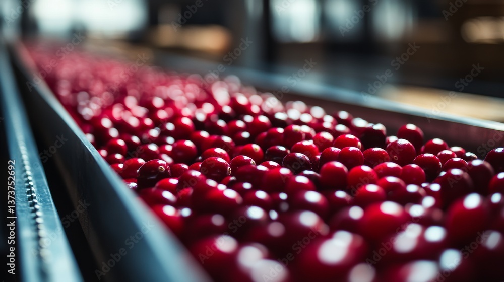 Poster dynamic image of red cranberries moving on a conveyor belt in an industrial facility, highlighting v