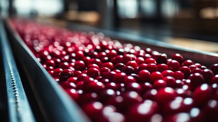 Dynamic image of red cranberries moving on a conveyor belt in an industrial facility, highlighting vibrant produce and modern food processing techniques.. AI Generation