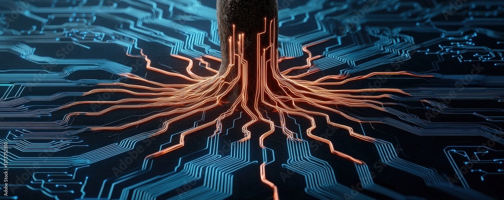 Poster electricity circuit sustainability concept. abstract circuitry design with glowing lines and pattern