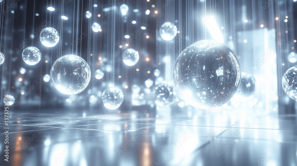 Poster futuristic laboratory with floating transparent spheres and glowing lights, creating high tech and e