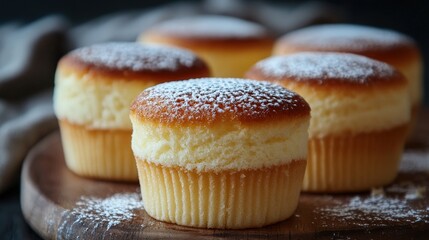Golden cupcake dusted with powdered sugar sits on rustic wood. Soft light and blurred background create a cozy, sweet treat