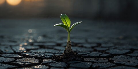 Small Orange Sprout Emerging from Dark Soil at Dusk.