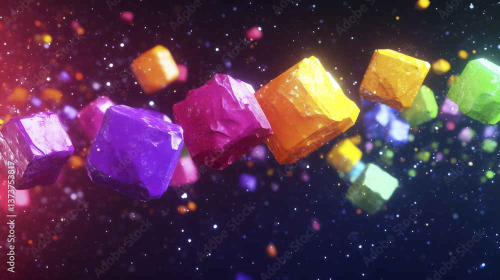 Poster colorful cubes float in cosmic space creating vibrant and dynamic scene. cubes in shades of purple o