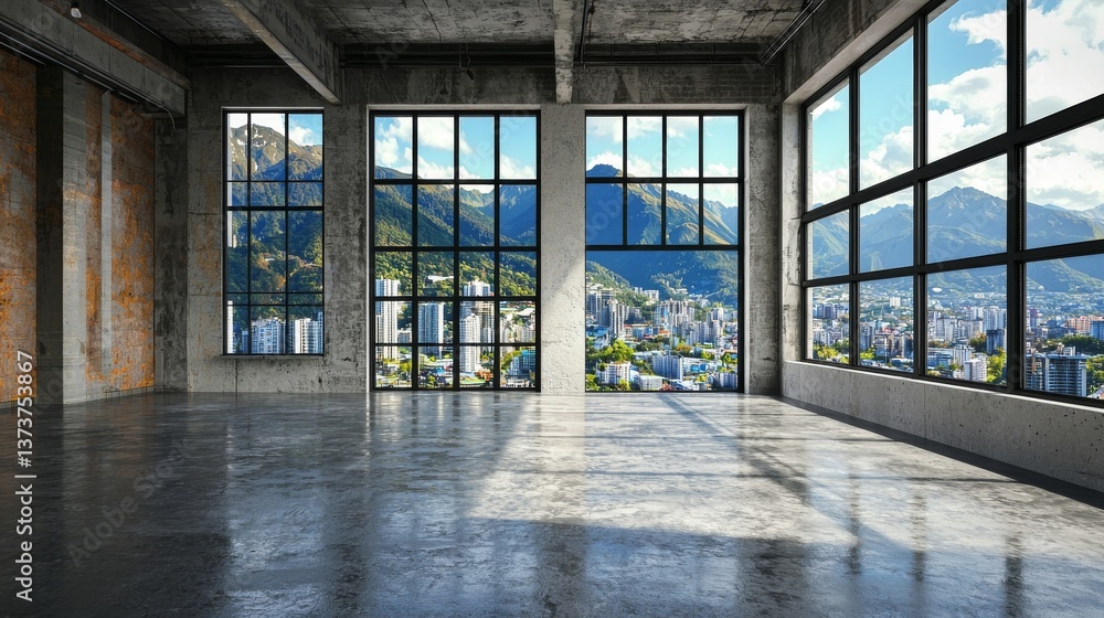 Aufkleber a 3d rendering of modern abstract architecture featuring an empty concrete floor set against a city 