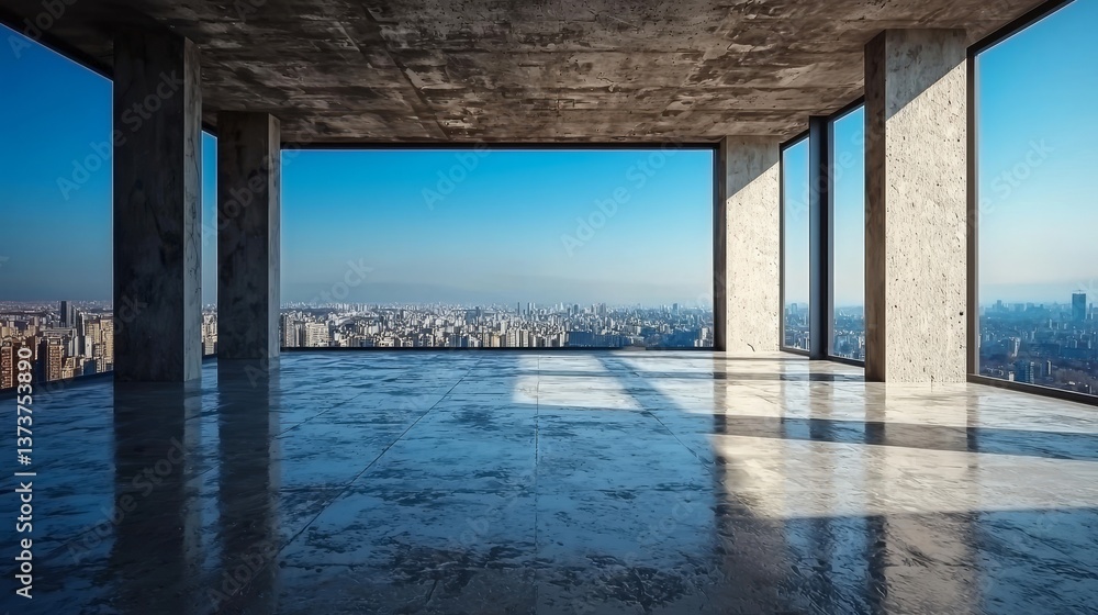 Poster image of a 3d rendered abstract modern architectural scene with a vacant concrete floor and a city s