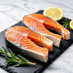 Fresh Raw Salmon Fillets on Slate with Lemon and Rosemary