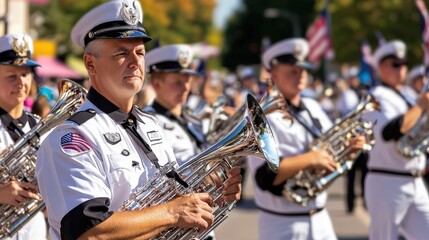 Marching Band Parade Performance with Musicians Playing Tubas