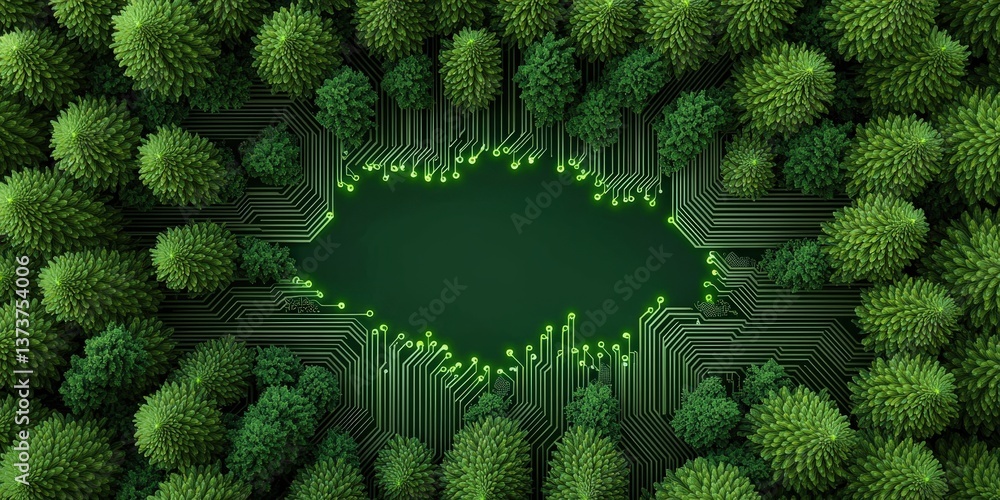 Poster electricity circuit sustainability concept. digital forest with circuit patterns merging nature and 
