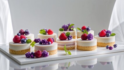 Delicious dessert platter featuring assorted mini cakes adorned with fresh berries.