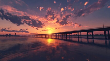 Fototapeta premium Orleans Parish. Sunset Sky Reflection in Water at Chef Menteur Bridge Highway 90