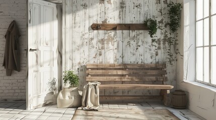 Farmhouse entryway with a wooden bench, rustic hooks, and soft, natural lighting 