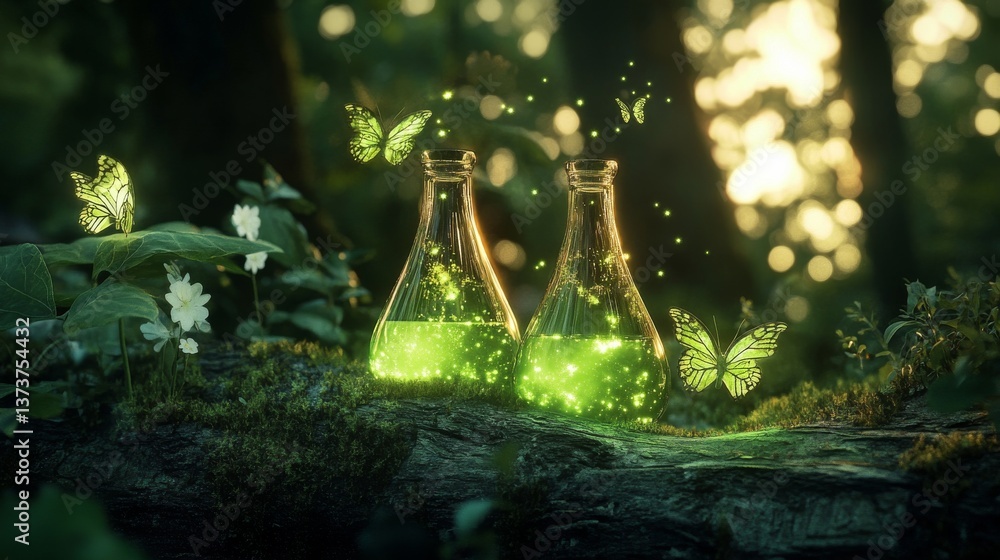 Poster two glass bottles filled with glowing green liquid sit on a moss-covered log in a lush forest. butte