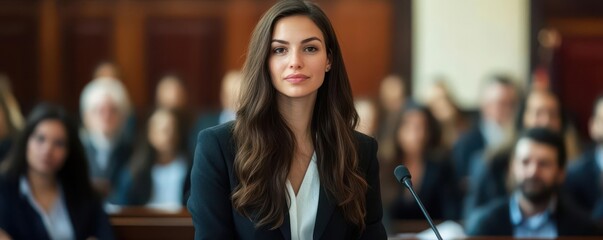 Confident Professional Woman Speaking in Courtroom Setting