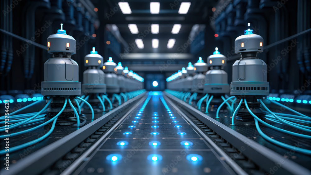 Poster a futuristic, high-tech corridor featuring robotic devices and illuminated cables, creating a visual