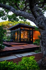Fototapeta premium A modern house of luxury, seamlessly blending large windows into a stunning natural woodland setting
