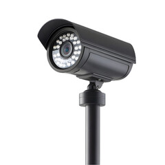 A close up view of a black surveillance camera with led lights on a black pole against black background