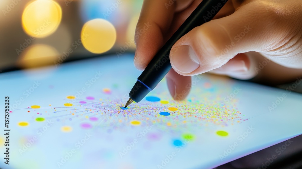 Poster a close-up of a hand drawing colorful points and lines on a glowing digital tablet, symbolizing inno
