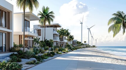 Fototapeta premium Modern Coastal Homes with Palm Trees and Wind Turbines by Ocean