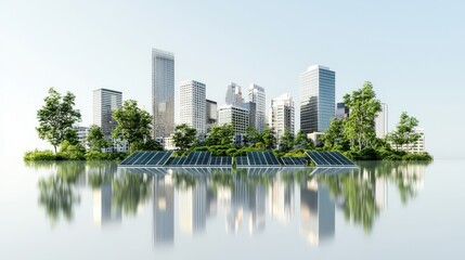 Fototapeta premium Modern Cityscape with Solar Panels and Lush Greenery Reflection