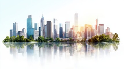 Fototapeta premium Urban Skyline with Reflection and Greenery at Sunrise or Sunset
