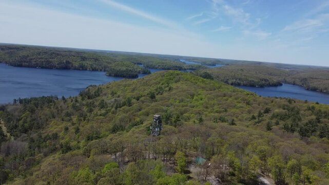 drone aerial footage of a firewatch tower in ontario area
