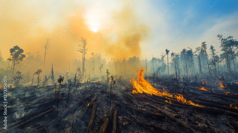 Poster a devastating wildfire spreads through a forest, leaving charred remains of trees amidst towering fl