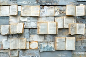 Open old books and sheets of paper forming a collage on a wooden wall