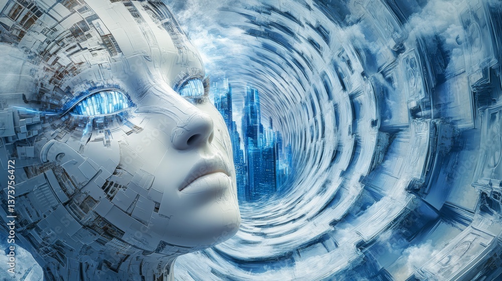 Poster a futuristic sci-fi robot with a swirling digital cityscape backdrop, blending technology, urban inn