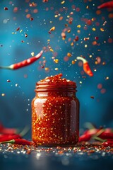 Spicy chili sauce splashing from a jar, surrounded by vibrant red chili peppers and aromatic spices, blue background 