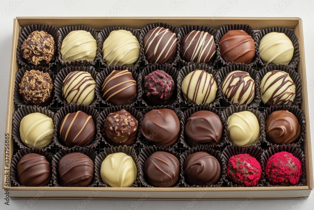 Poster chocolate truffles assortment in elegant box showcasing variety of flavors and textures from a local