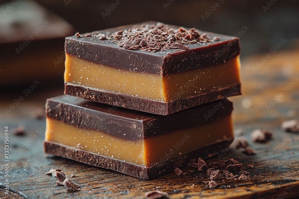Aufkleber Delicious chocolate caramel squares with a rich layer of dark chocolate topping