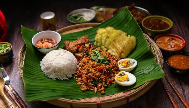 Filipino Kamayan Boodle Fight Feast on Banana Leaves; Shared with Hands for a Traditional Meal; Food on a Banana Leaf 