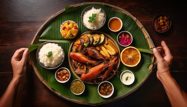 Filipino Kamayan Boodle Fight Feast on Banana Leaves; Shared with Hands for a Traditional Meal; Food on a Banana Leaf 