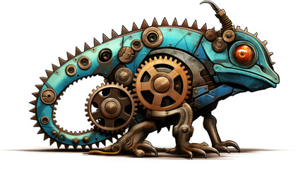 Steampunk Mechanical Chameleon with Intricate Gears and Cogs, Vibrant Robotic Reptile Illustration in Futuristic Design