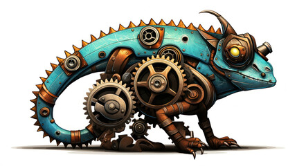 Steampunk Mechanical Chameleon with Intricate Gears and Cogs, Vibrant Robotic Reptile Illustration in Futuristic Design