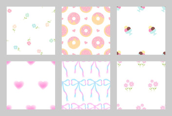 Pretty seamless patterns set. Cute backgrounds with bows, hearts, flowers, ice cream and donuts. Collection of backgrounds in coquette style. Children's banners, designs of covers, textiles, surfaces
