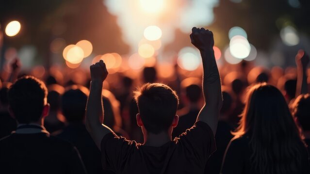 Peaceful protest with people standing together, raising their hands and fists in unity. The soft sunset light enhances the mood of solidarity and activism. Demonstration for human rights and changes.