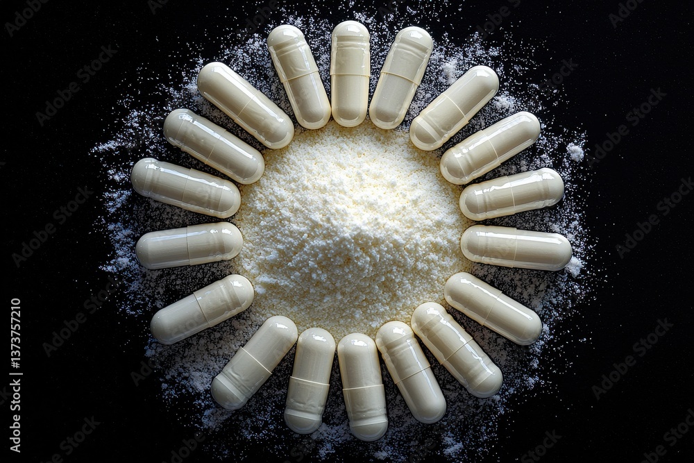 Poster capsules arranged in a circular pattern around a pile of powder on a dark surface in a clinical envi