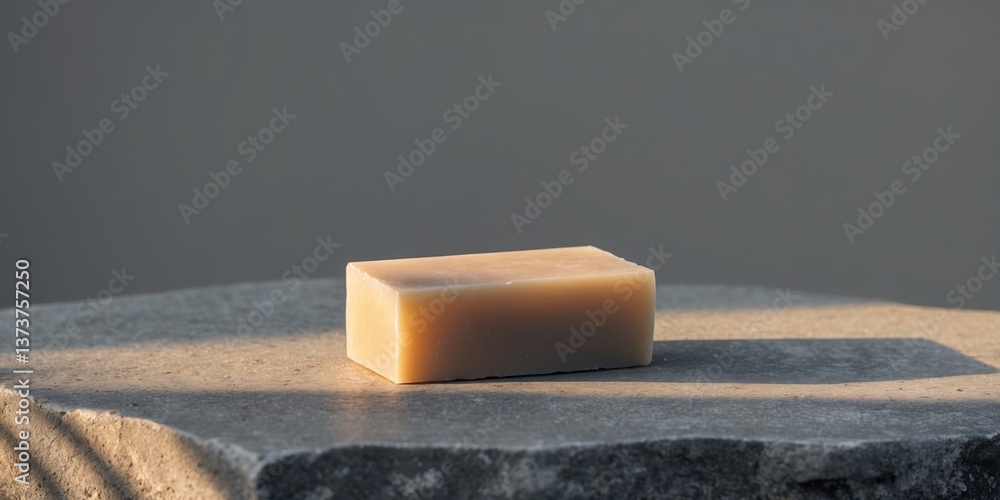 Poster natural soap bar resting on stone surface with soft light highlighting its texture and simplicity