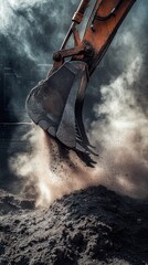 Obraz premium Intense image of an excavator bucket lifting dark soil, surrounded by a smoky and dramatic atmosphere, representing strength and industrial grit.. AI Generation