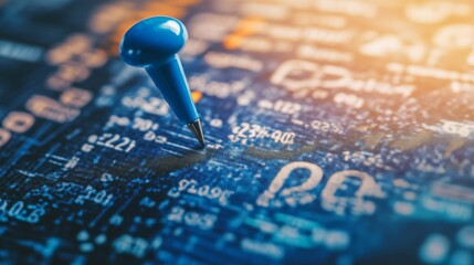 Highlighted blue pin resting on a futuristic digital map with abstract data points and glowing effects, symbolizing precision and technology, ideal for tech-related visuals.. AI Generation