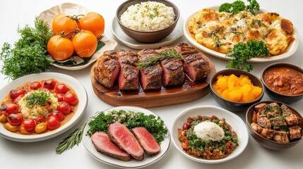 Abundant, colorful feast! Fresh produce, savory meat, and fluffy rice create a vibrant tabletop spread