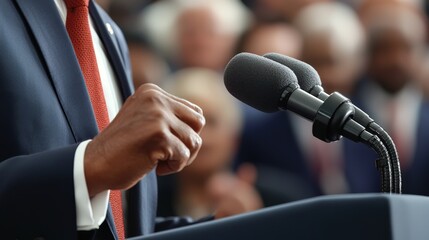 Close-Up of Speaker's Hand Gesturing During Public Address Event