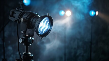 Professional photography gear on a dark backdrop. Realistic spotlight illuminates ice. Studio and stage lighting equipment.