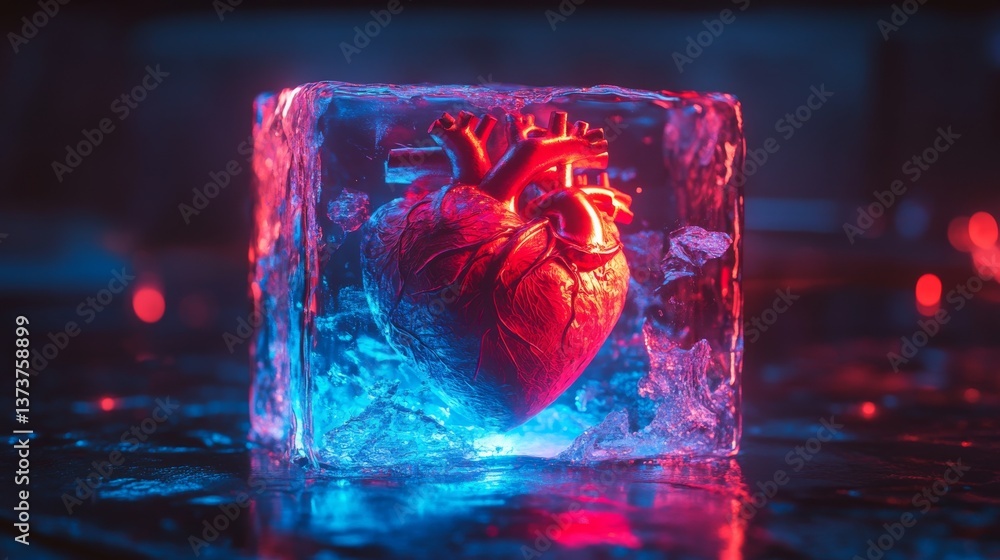 Poster a surreal depiction of an anatomical human heart frozen within a translucent ice block, illuminated 
