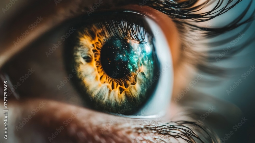 Aufkleber a mesmerizing macro shot of a human eye featuring a galaxy-like reflection with vibrant, cosmic colo