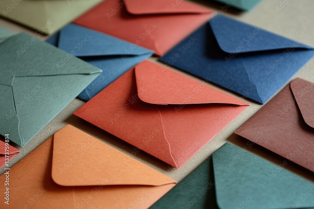 Poster colorful envelopes arranged neatly on a table for crafting or mailing projects in a creative workspa