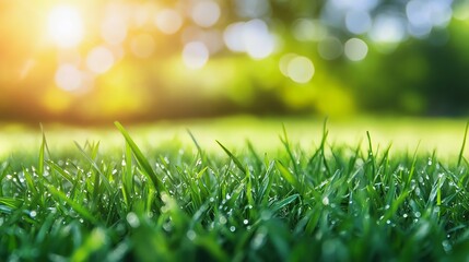 A close-up of fresh green grass glistening with dew under warm sunlight, creating a serene and tranquil natural environment.